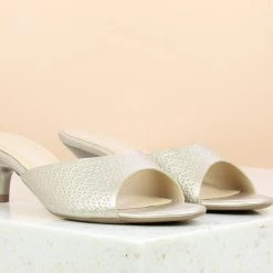 Inc.5 SALE KITTEN HEEL EMBOSSED MULES - LIGHT GOLD