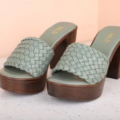 Inc.5 WOVEN BLOCK HEEL MULES-GREEN Inc5