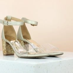 Inc.5 GLITTERY HEEL TRANSPARENT SANDAL-L.GOLD SALE
