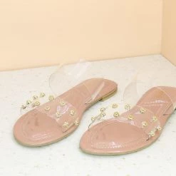 Inc.5 TRANSPARENT STUDDED FLAT MULE-PEACH SALE