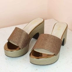 Inc.5 GLITTERY PLATFORM MULES-BRONZE SALE
