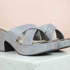 Inc.5 GLITTERY CROSS STRAP PLATFORM MULES-GUN METAL SALE