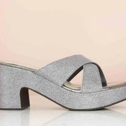 Inc.5 GLITTERY CROSS STRAP PLATFORM MULES-GUN METAL SALE