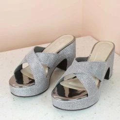 Inc.5 GLITTERY CROSS STRAP PLATFORM MULES-GUN METAL SALE