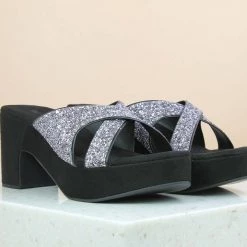 Inc.5 SALE GLITTERED BLOCK HEEL MULE-BLACK