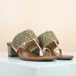 Inc.5 STACKED HEEL EMBROIDED TOE POST-ROSE GOLD SALE