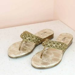 Inc.5 EMBROIDED ETHNIC THONG-ANTIQUE GOLD