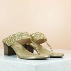Inc.5 SALE EMBROIDED BLOCK HEEL-ANT GOLD