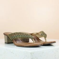 Inc.5 EMBROIDED BLOCK HEEL THONG-ANT GOLD SALE