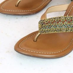 Inc.5 EMBROIDED BLOCK HEEL THONG-ANT GOLD SALE