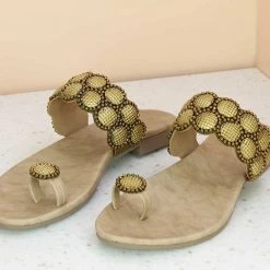 Inc.5 EMBROIDED FLAT THONG - ANTIQUE GOLD Embroidery