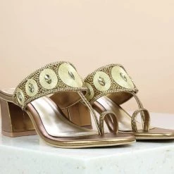 Inc.5 EMBROIDED BLACK HEEL THONG - ANTIQUE GOLD