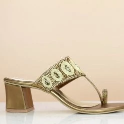 Inc.5 EMBROIDED BLACK HEEL THONG - ANTIQUE GOLD