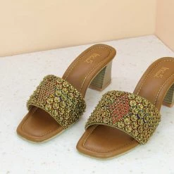 Inc.5 EMBROIDED BLACK HEEL MULE - ANTIQUE GOLD SALE