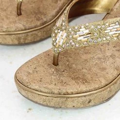 Inc.5 EMBROIDED CORK COVERED PLATFORM THONG - ANTIQUE GOLD