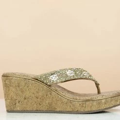 Inc.5 EMBROIDED CORK COVERED PLATFORM THONG - ANTIQUE GOLD