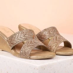 Inc.5 EMBROIDED VEDGE HEEL MULES-ANTIQUE GOLD WOMEN
