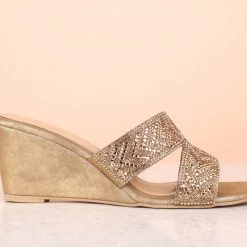 Inc.5 EMBROIDED VEDGE HEEL MULES-ANTIQUE GOLD WOMEN