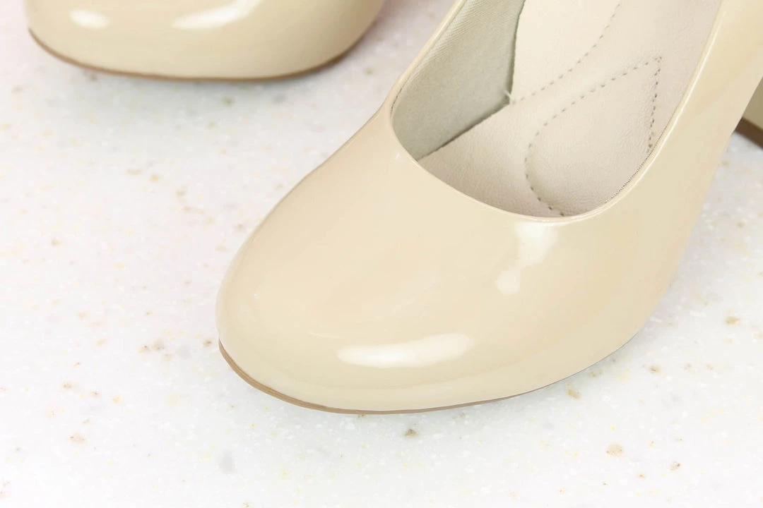 Inc.5 BLOCK HEEL PATTENT PUMP SHOES - BEIGE 4 Inc.5 BLOCK HEEL PATTENT PUMP SHOES - BEIGE