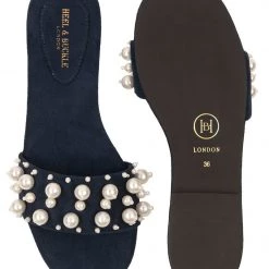 WOMEN Heel & Buckle London Navy Pearl Studded Slip-ons 9 WOMEN Heel & Buckle London Navy Pearl Studded Slip-ons