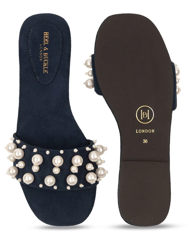 WOMEN Heel & Buckle London Navy Pearl Studded Slip-ons 5 WOMEN Heel & Buckle London Navy Pearl Studded Slip-ons